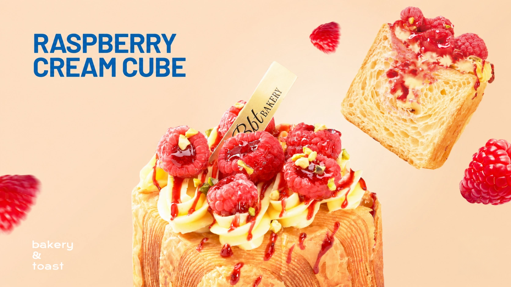 Raspberry Cream Cube topped with raspberries and cream