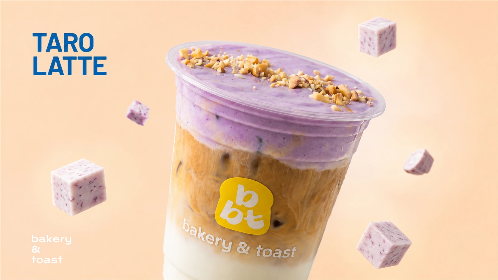 Iced Taro Latte topped with taro cream and nuts